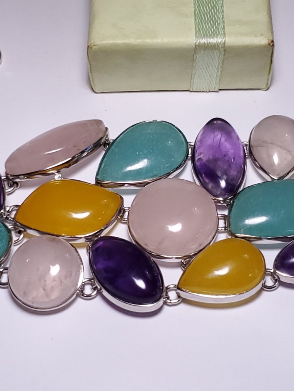 Estate 200ctw Natural Cab Gemstone Bezel Sterling 925 adj 6.6-8.25"Bracelet24412